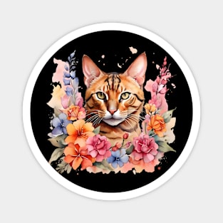 A bengal cat decorated with beautiful watercolor flowers Magnet